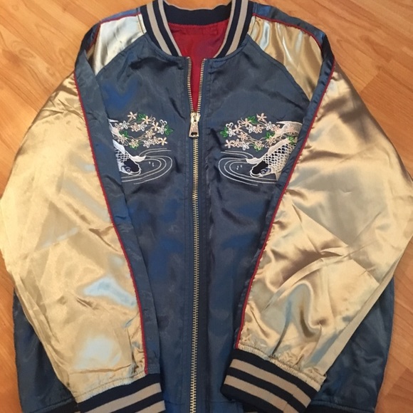 Blue Koi Fish Embroidered Bomber Jacket - Picture 2 of 3